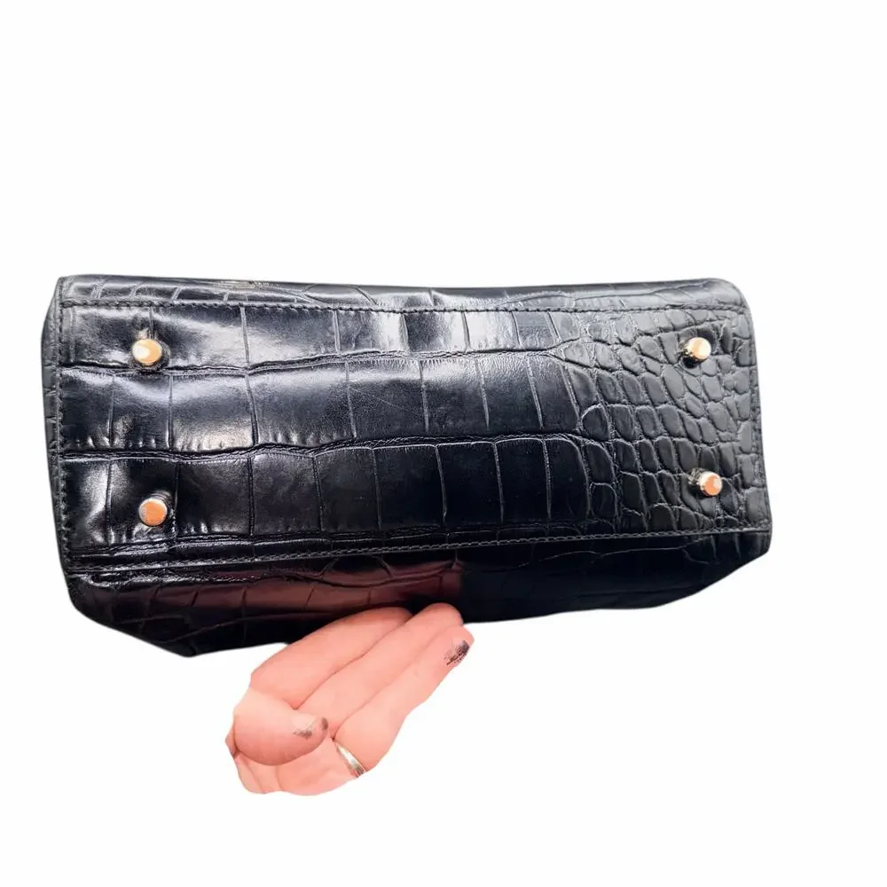 Karen Millen Black Croc Embossed Leather Satchel Top Handle Bag